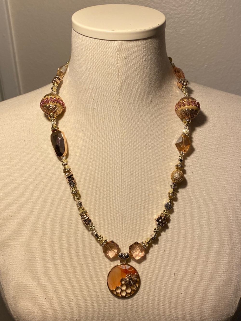 Handmade gold and pink necklace honey comb bee pendant